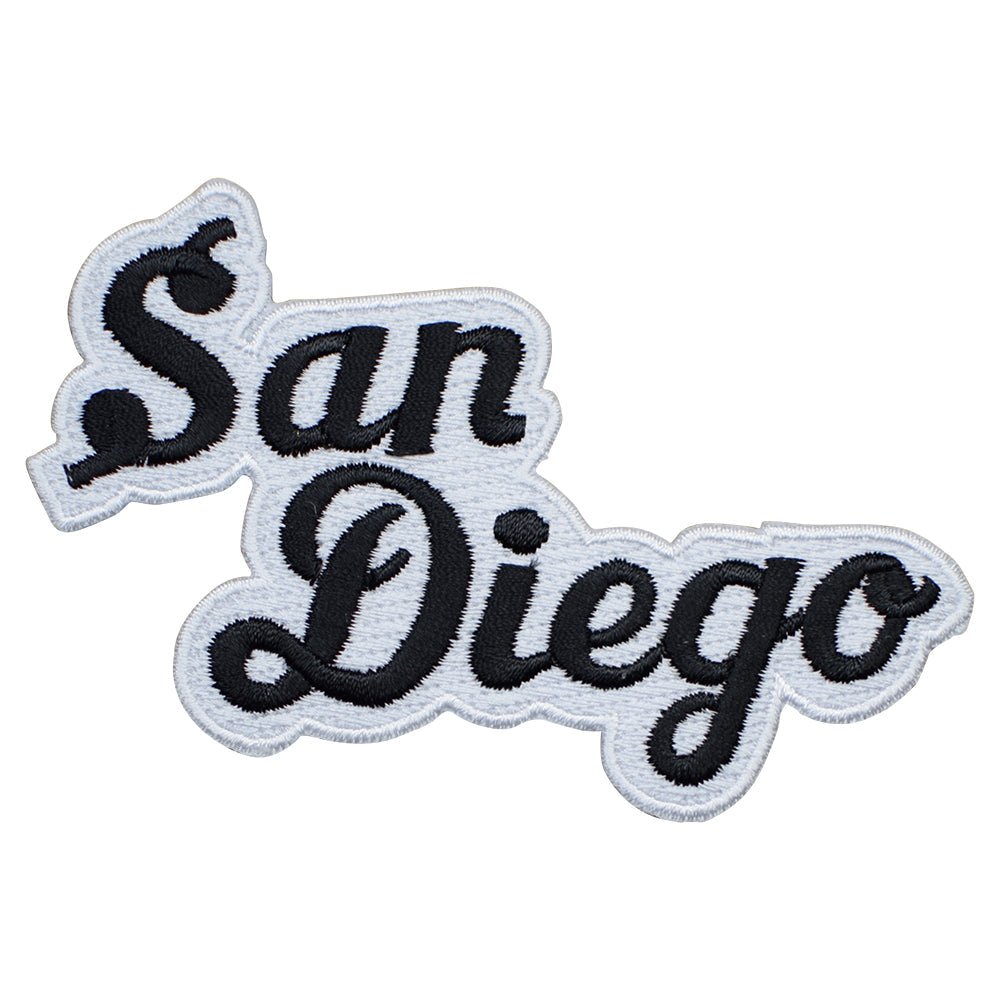 San Diego Embroidered Patch — California, CA Black/White Script Badge 4" — Iron On