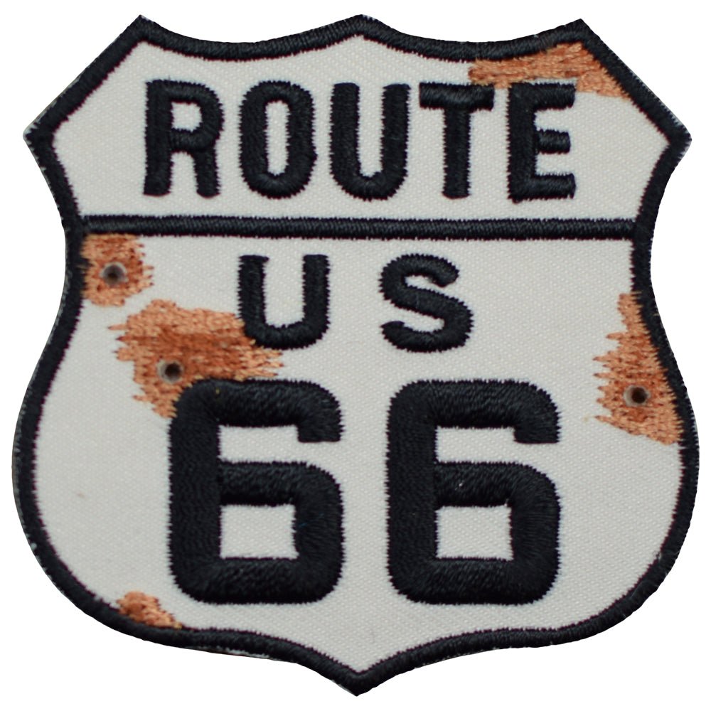 Route 66 Embroidered Patch — Bullet Holes, Rust, Rt. 66 Highway Sign 2.5" — Iron On