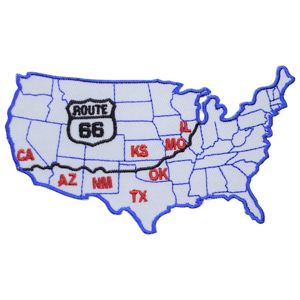 Route 66 Embroidered Patch — United States Map, Rt. 66 Badge 4-5/8" — Iron On