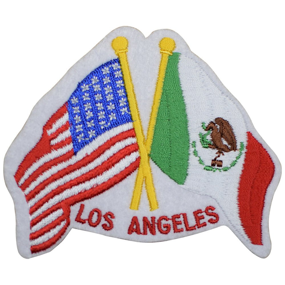Los Angeles Embroidered Patch — USA and Mexico Flags Badge 3-3/8" — Iron On