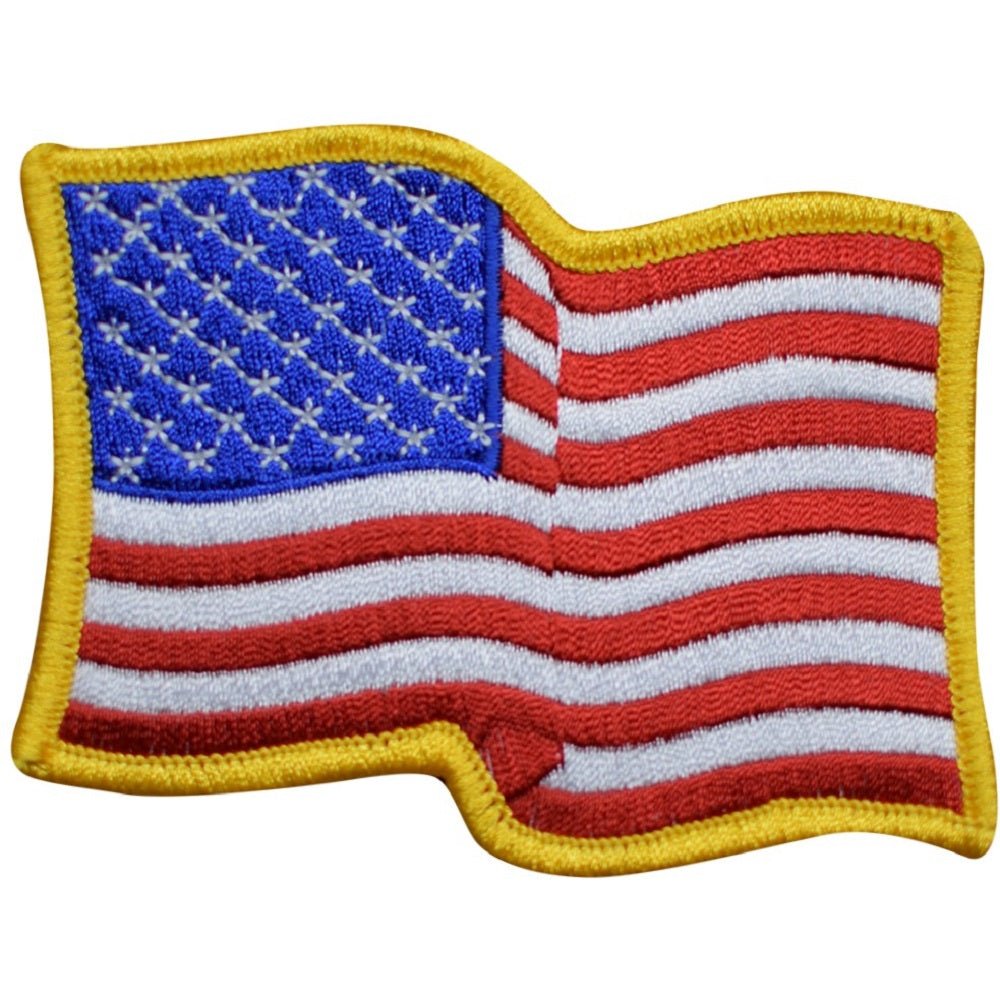 American Flag Embroidered Patch, Wavy, Gold — Iron On 3.5"