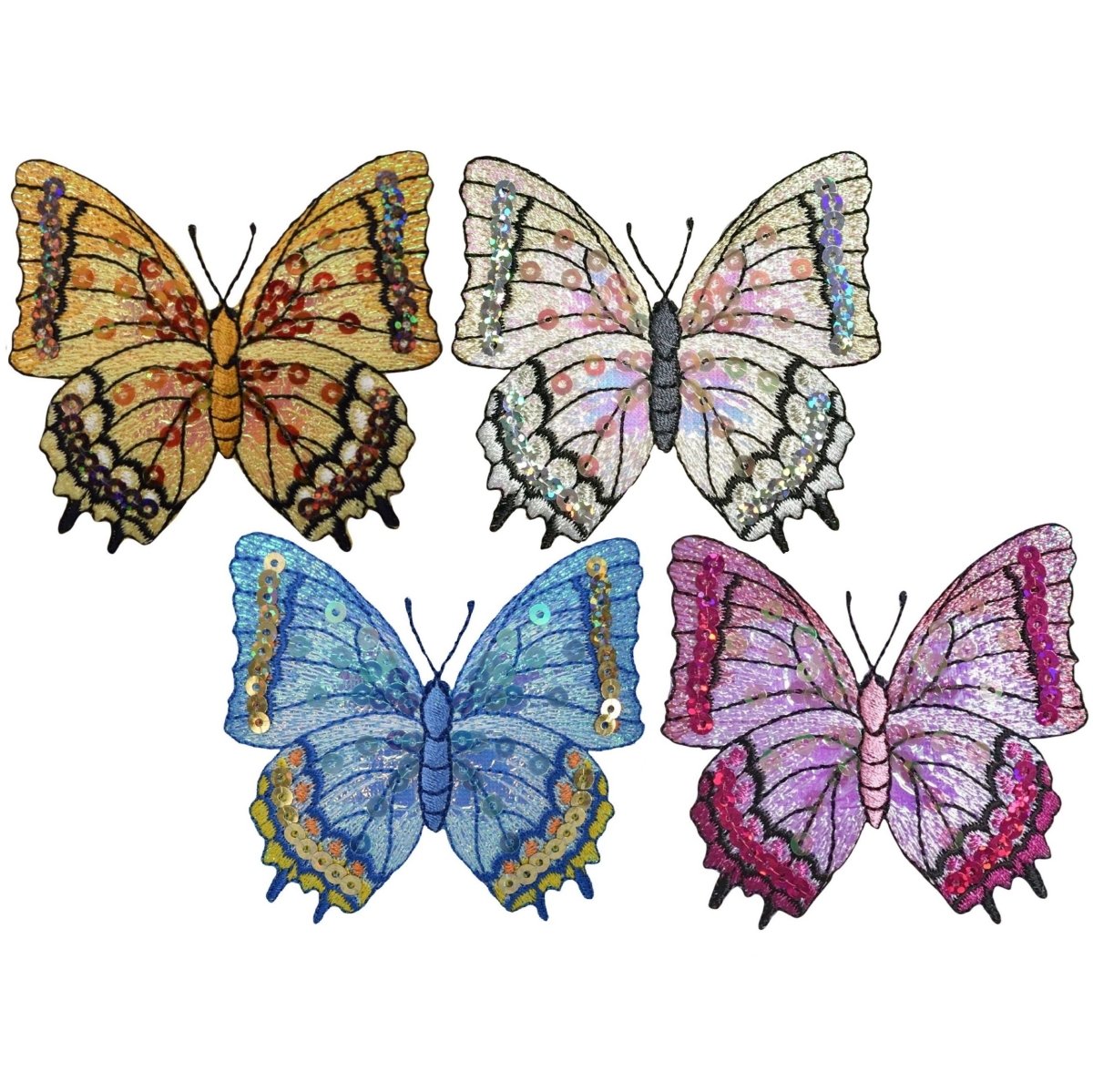 Sequin Butterfly Embroidered Patch — 4-Pack — Iron On 3-1/8"
