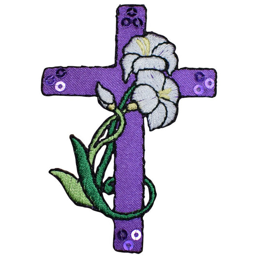 Cross with Flower Embroidered Patch, Purple — Iron On 2-3/4"