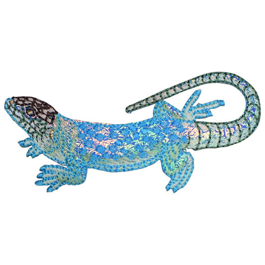 Shiny Blue Lizard Embroidered Patch — Iron On 3-3/8"