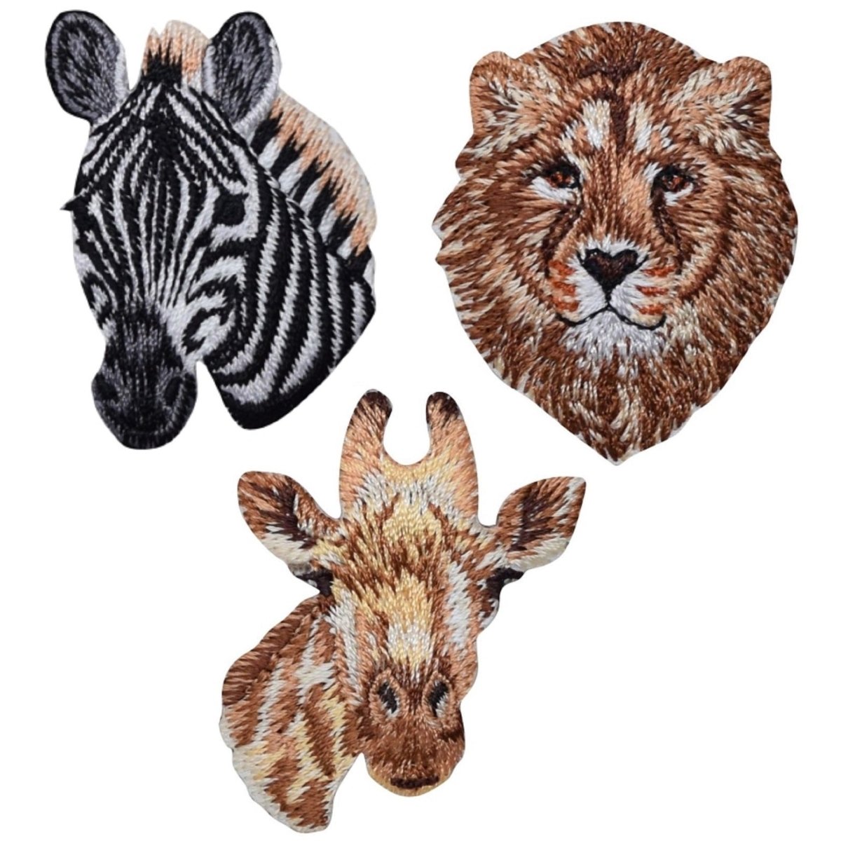 Giraffe, Lion, and Zebra Embroidered Patch — 3-Pack — Iron On 1.75"