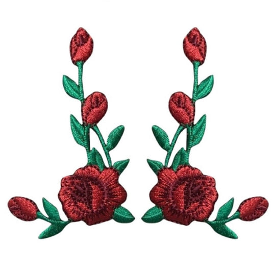 Red Rose Embroidered Patch — 2-3/8" — 2-Pack — Iron On