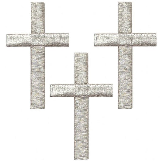 Cross Embroidered Patch - Silver — 3-Pack — Iron On 2"