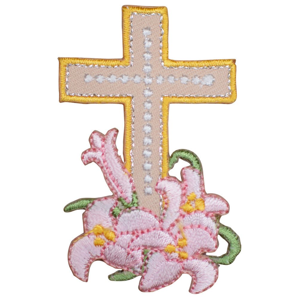 Cross Embroidered Patch — Pink Lily Flowers 2-3/8" — Iron On