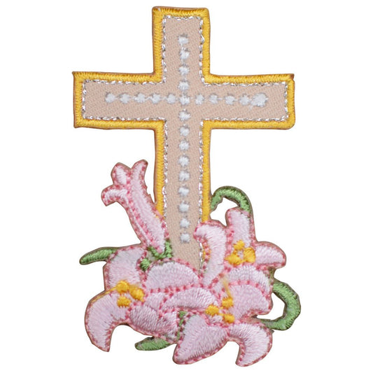 Cross Embroidered Patch — Pink Lily Flowers 2-3/8" — Iron On