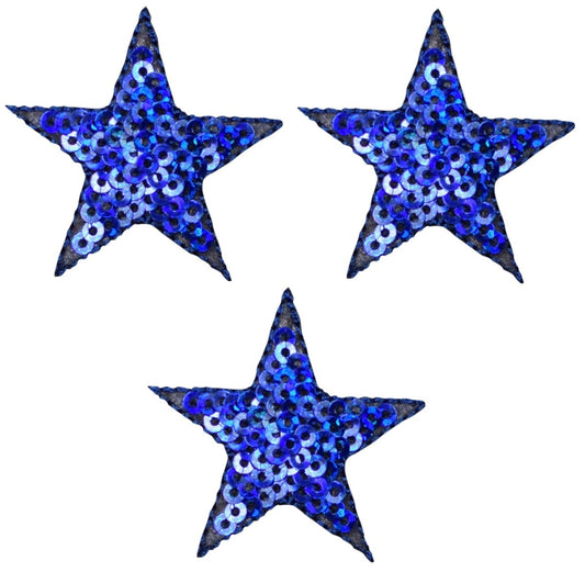 Sequin Star Embroidered Patch — Royal Blue 1.5" — 3-Pack — Iron On
