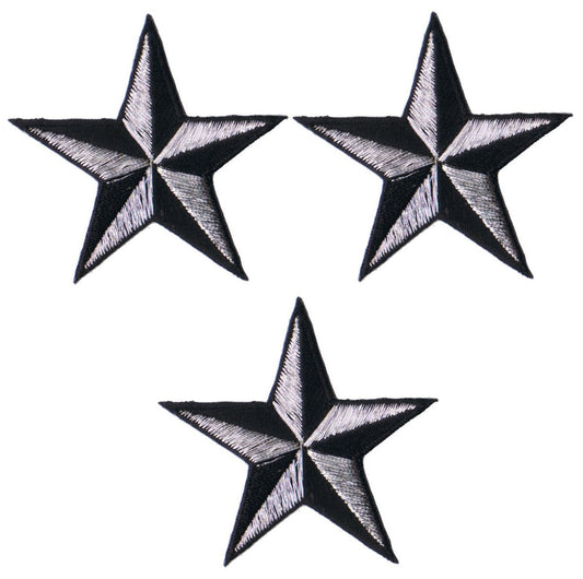 Nautical Star Embroidered Patch, Silver & Black 1.5" — 3-Pack — Iron On