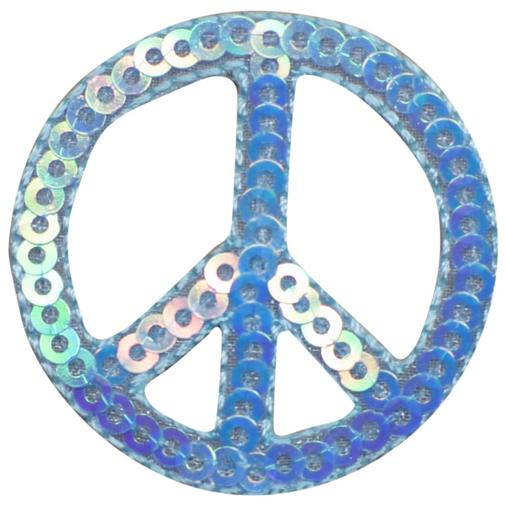 Peace Sign Embroidered Patch — Sequin Light Blue 1.5" — Iron On