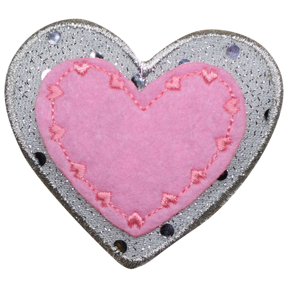 Heart Embroidered Patch — Pink Silver Layered Sparkle Love Badge 2.25" — Iron On