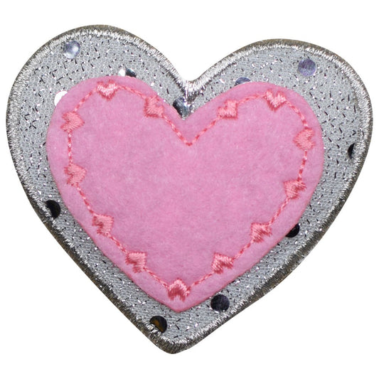 Heart Embroidered Patch — Pink Silver Layered Sparkle Love Badge 2.25" — Iron On