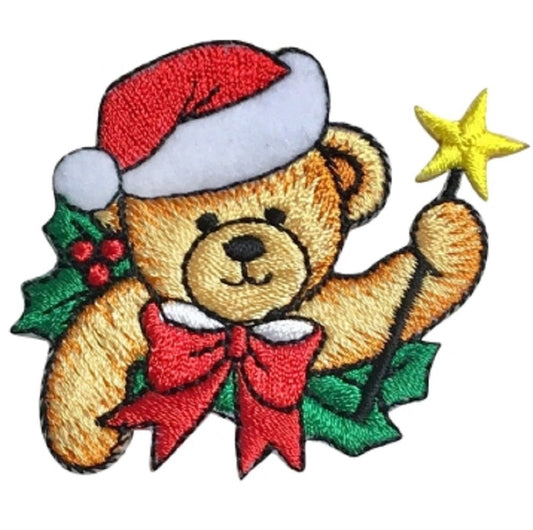 Christmas Teddy Bear Embroidered Patch — Iron On 2-1/4"