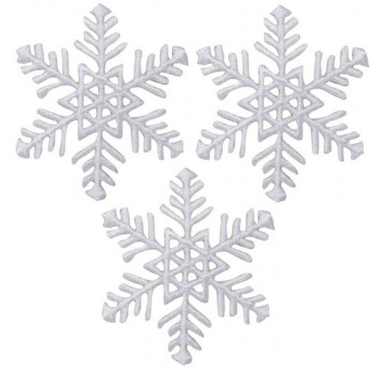 White Snowflake Embroidered Patch — 3-Pack — Snow, Winter Badge 1.75" — Iron On