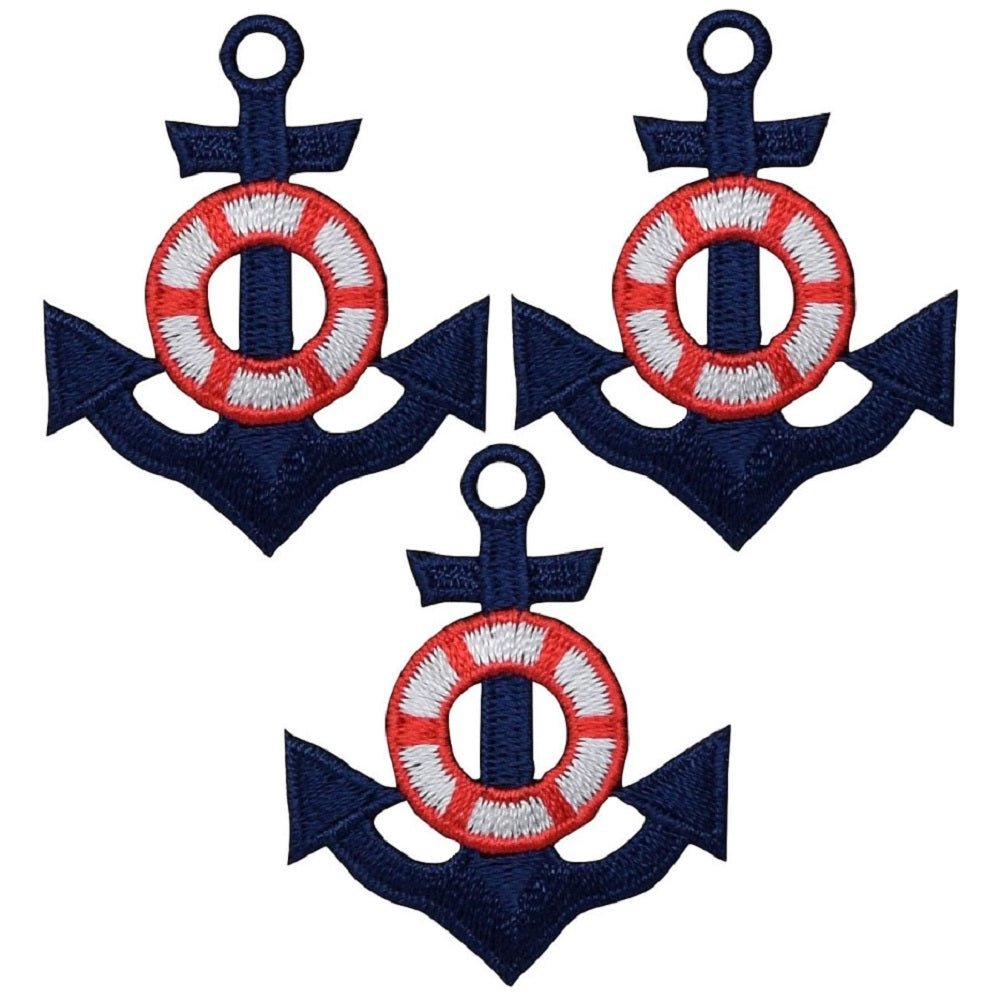 Anchor Embroidered Patch — 3-Pack — Life Preserver Buoy Nautical 1.75" — Iron On