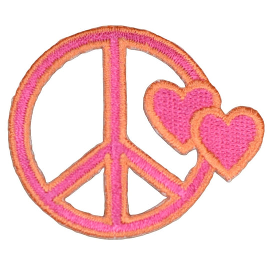 Peace Sign Embroidered Patch — Pink/Orange Hearts 2-1/8" — Iron On