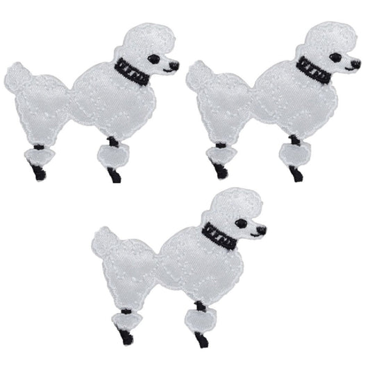 Mini Poodle Embroidered Patch — 3-Pack — Facing Right, White Dog 1-7/8" — Iron On