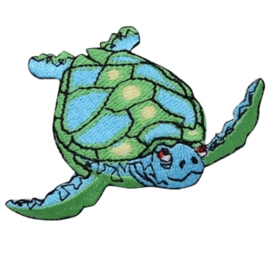 Sea Turtle Embroidered Patch — Facing Right, Ocean, Creature Badge 2-5/8" — Iron On