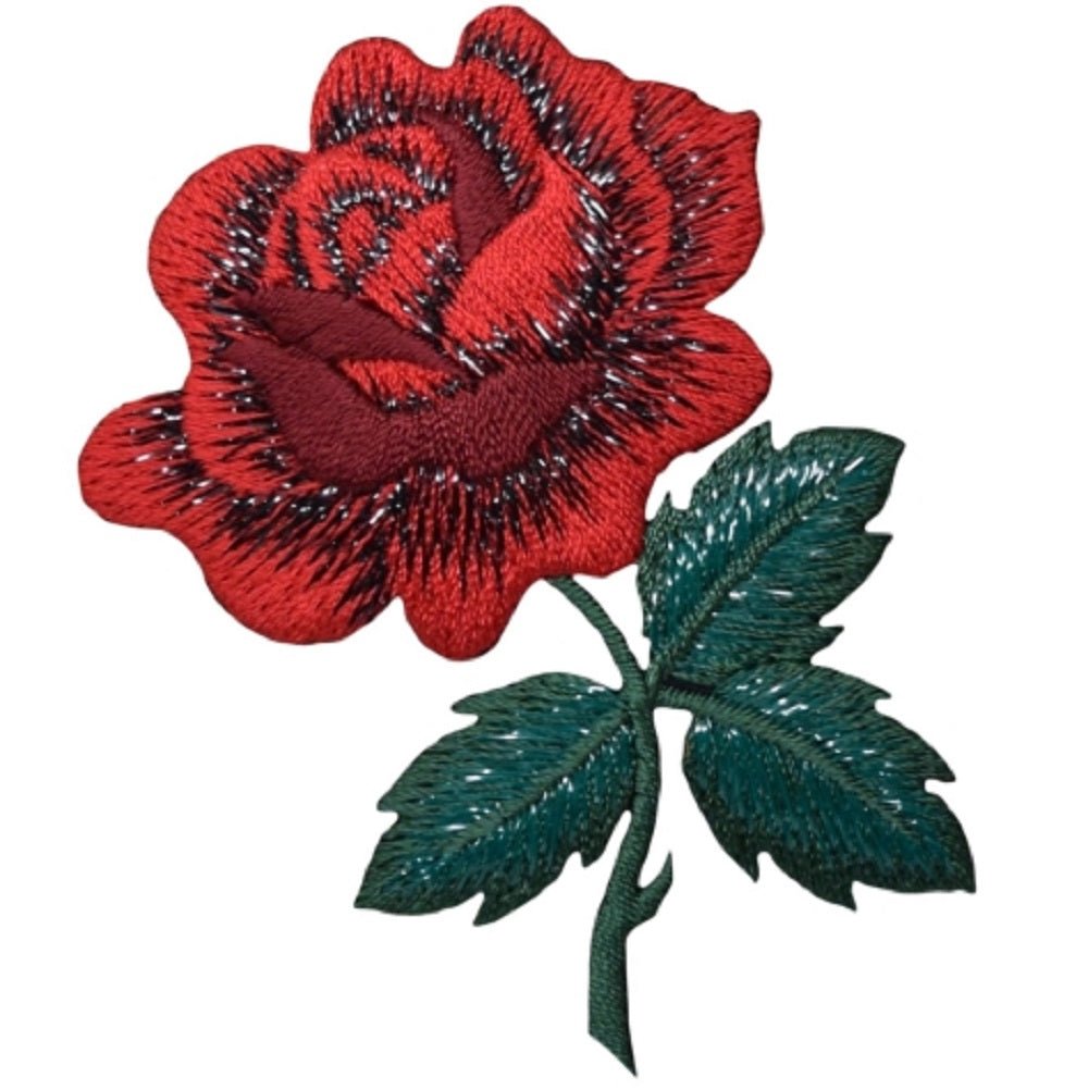 Red Rose Embroidered Patch — Leaves, Stem, Flower Badge 3-1/8" — Iron On