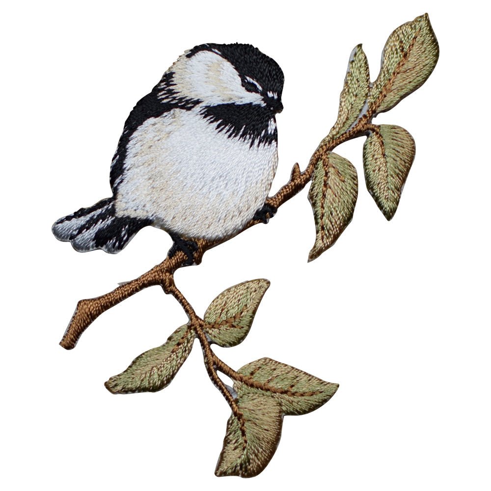 Chickadee Embroidered Patch — Branch, Leaves 3.25" — Iron On