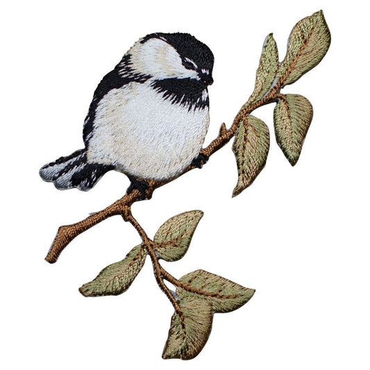 Chickadee Embroidered Patch — Branch, Leaves 3.25" — Iron On