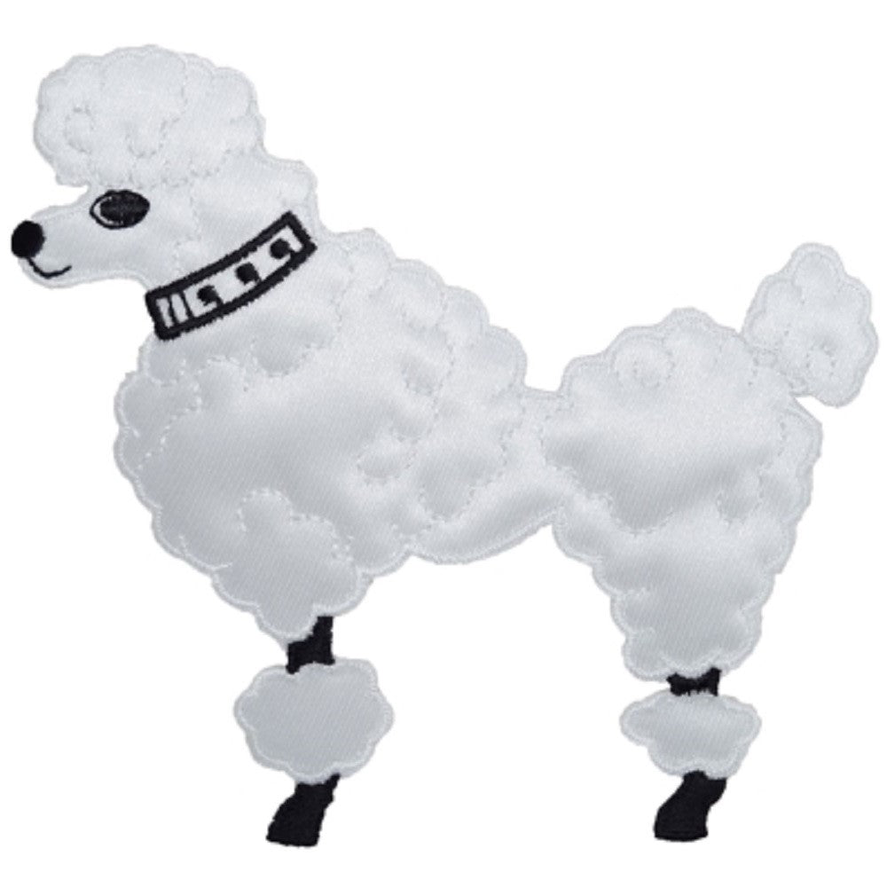 Medium Poodle Embroidered Patch — White Dog Facing Left, Sock Hop 4.75" — Iron On