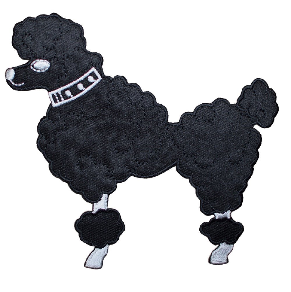 Medium Poodle Embroidered Patch — Black Dog Facing Left, Sock Hop 4.75" — Iron On