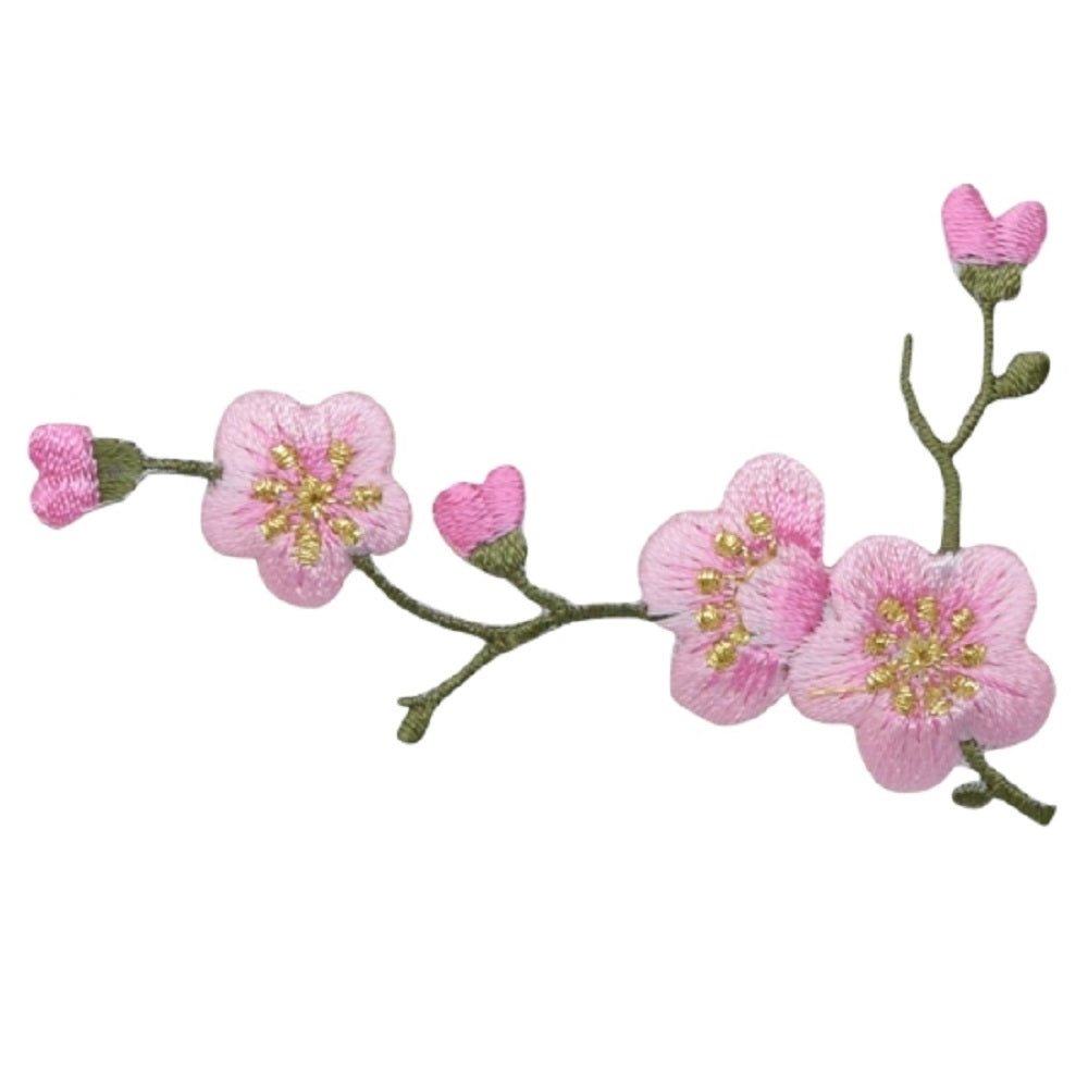 Pink cherry blossoms on a green branch, iron-on embroidered patch