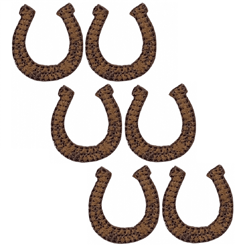 Six single brown horseshoe embroidered iron-on patches, each 7/8 by 1 inch
