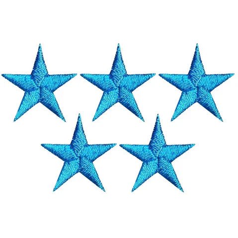 Five turquoise embroidered star patches, each 7/8 inches.