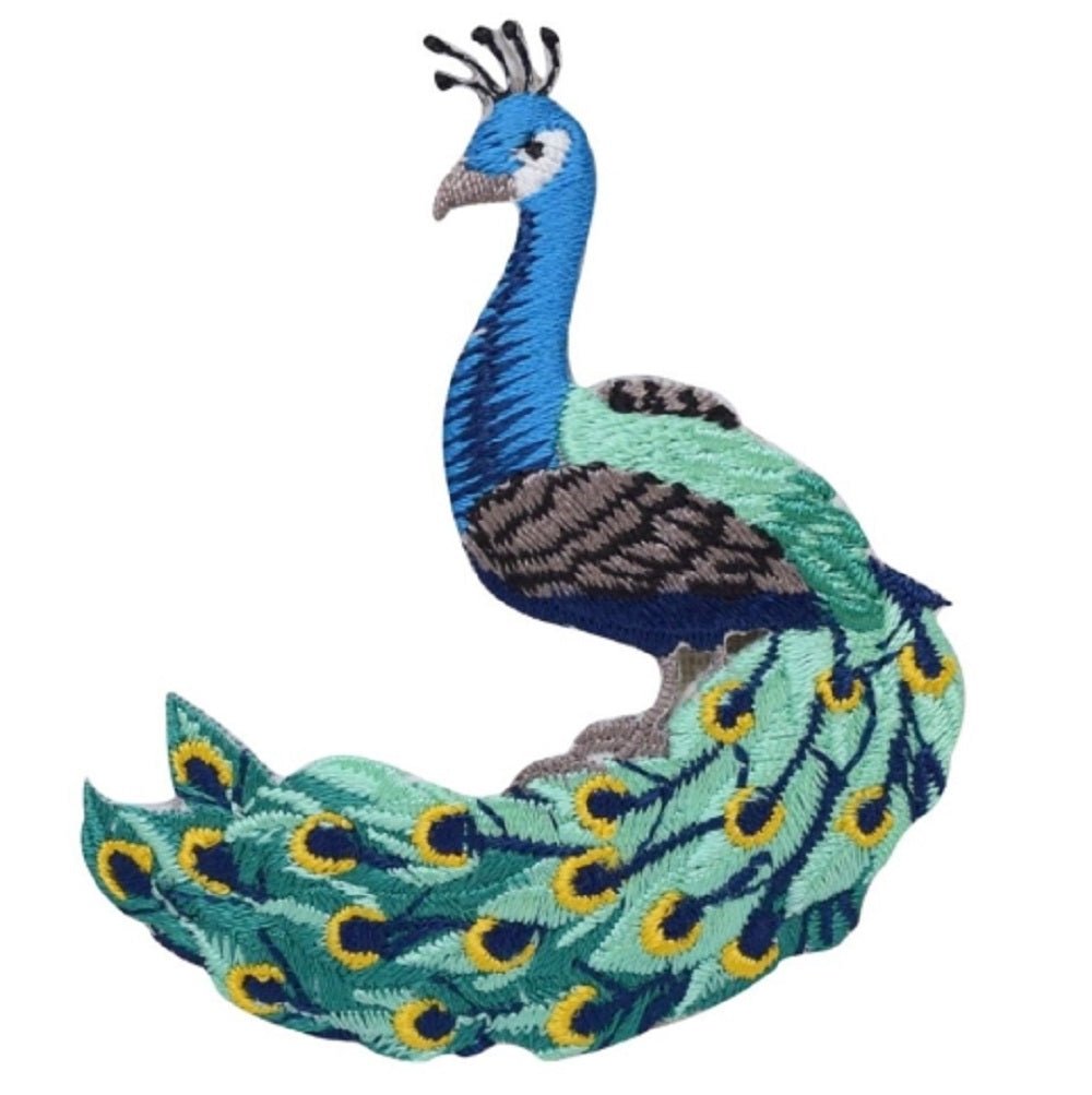 Peacock Embroidered Patch — Facing Left, Peafowl, Animal, Bird Badge 3" — Iron On