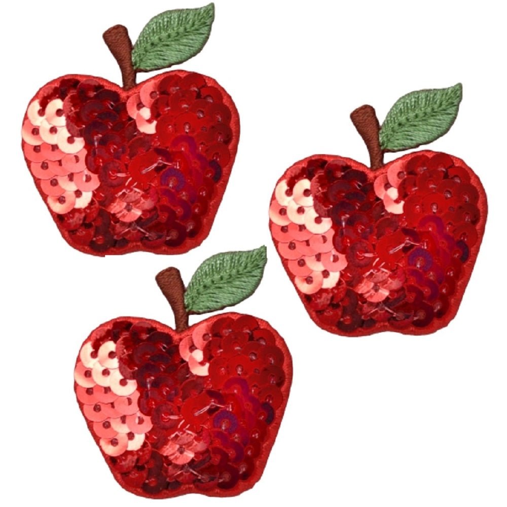 Apple Embroidered Patch — 3-Pack — Sequin, Fruit, Food Badge 1.75" — Iron On