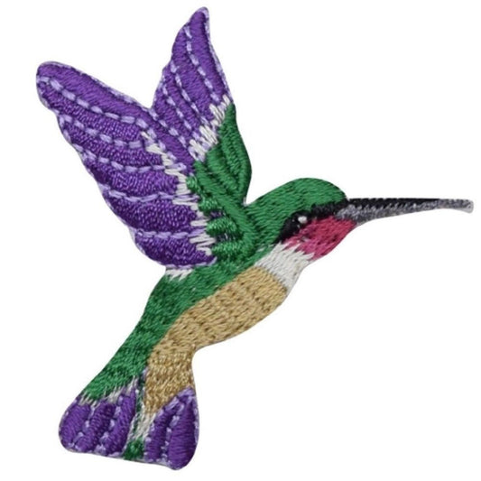 Hummingbird Embroidered Patch — Facing Right, Purple, Green, Bird Badge 2-1/8" — Iron On