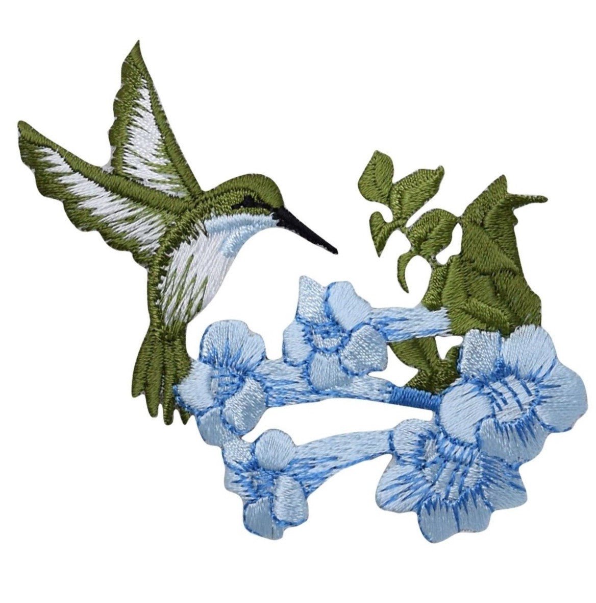 Hummingbird Embroidered Patch — Facing Right, Blue Flowers, Bird Badge 3.5" — Iron On