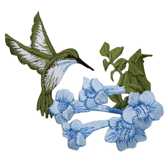 Hummingbird Embroidered Patch — Facing Right, Blue Flowers, Bird Badge 3.5" — Iron On