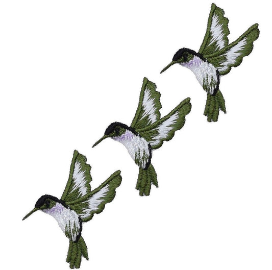 Mini Violet/Green Hummingbird Embroidered Patch — 3-Pack — Facing Left, Violet/Green Bird 1.5" — Iro