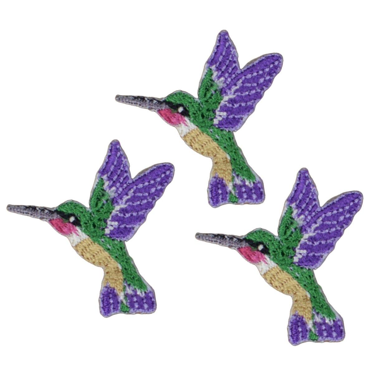 Mini Hummingbird Embroidered Patch — 3-Pack — Facing Left, Purple/Green Bird 1.25" — Iron On