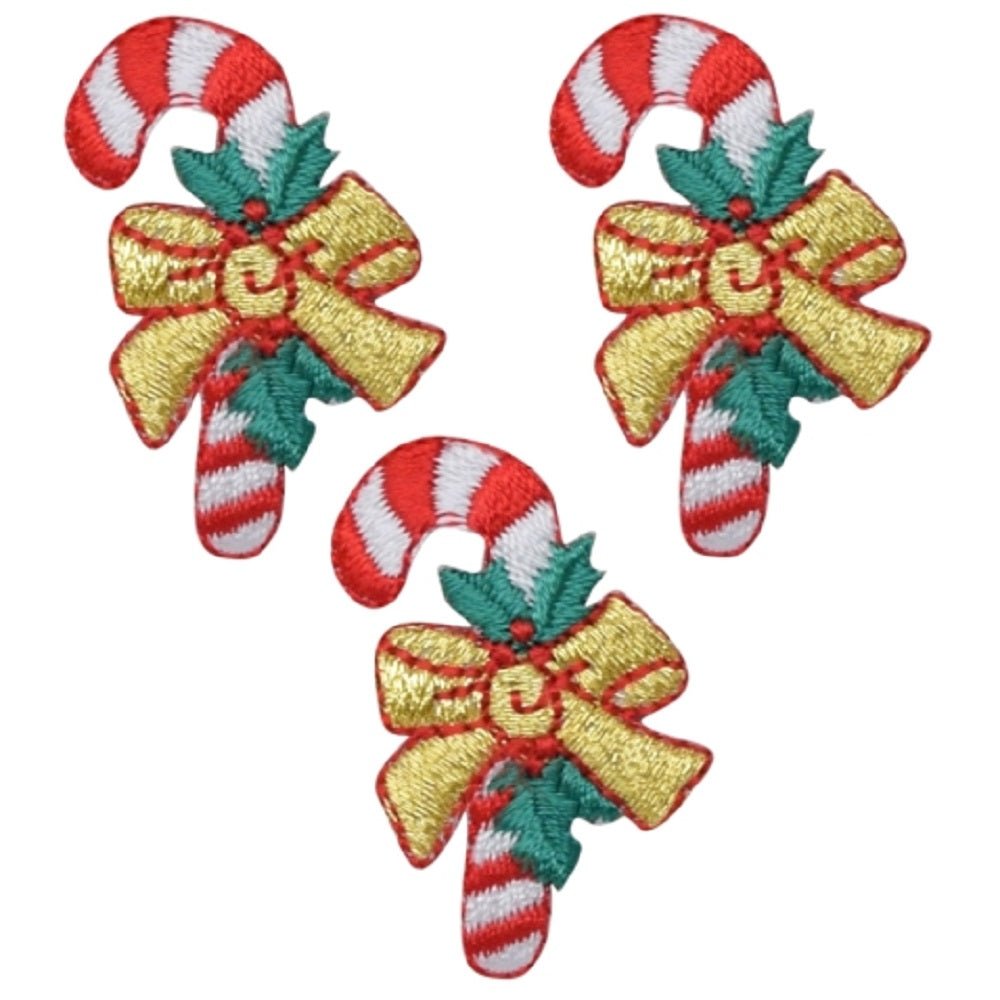 Candy Cane Embroidered Patch — 3-Pack — Christmas Treat, Gold Bow 1.25" — Iron On
