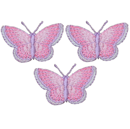 Pink Butterfly Embroidered Patch — 3-Pack — Iron On 1-3/8"