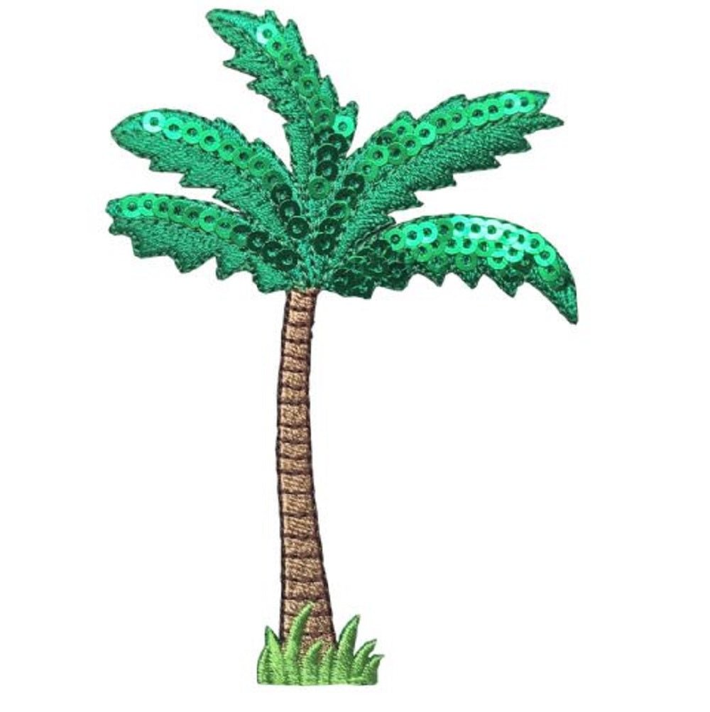 Palm Tree Embroidered Patch — Sequin Leaves, Grass 3.75" — Iron On
