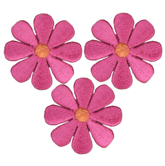 Daisy Embroidered Patch — 3-Pack — Flower, Fuchsia, Orange 1.5" — Iron On 1.5"