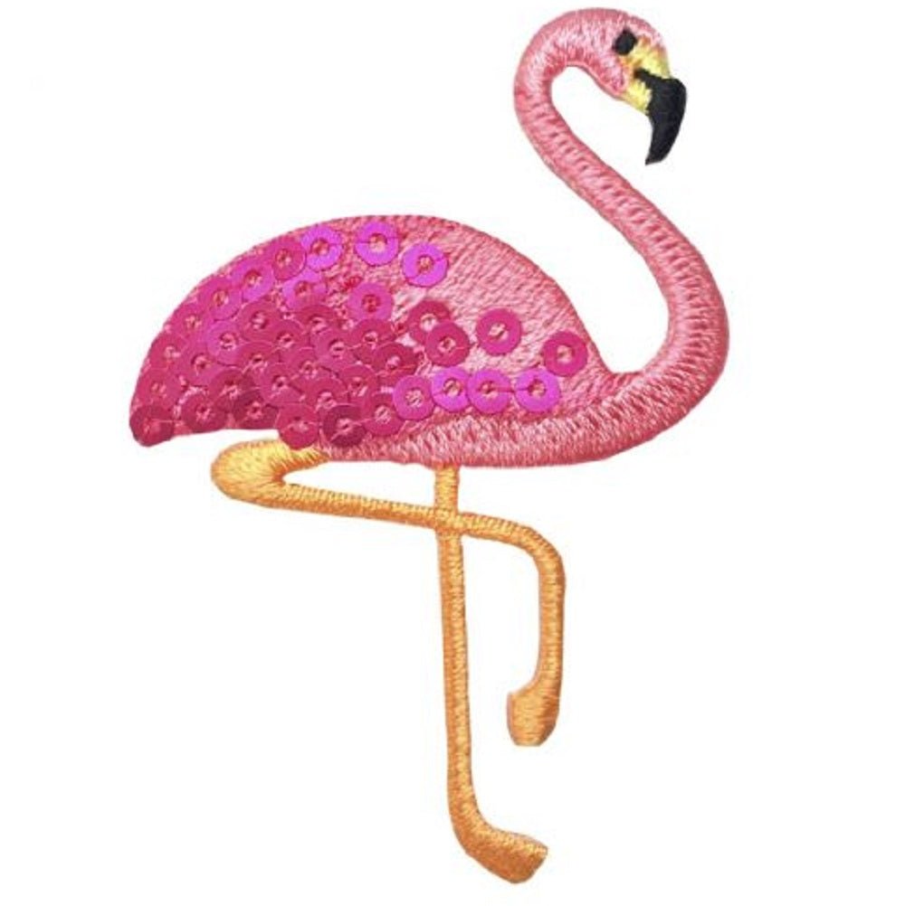 Flamingo Embroidered Patch — Pink Sequin Waterfowl Bird 2-3/8" — Iron On