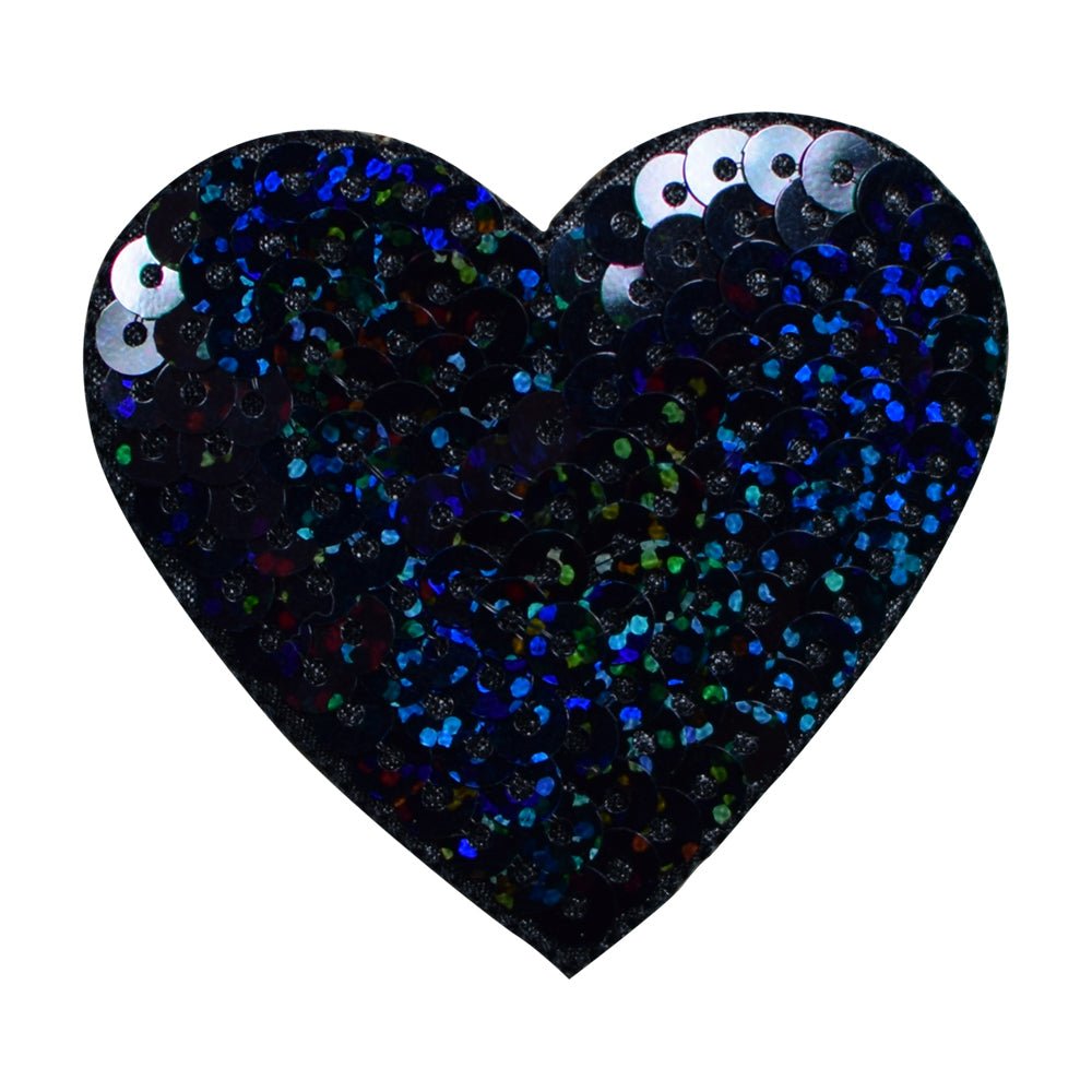 Black Sequin Heart Embroidered Patch — Iron On 2-3/16"