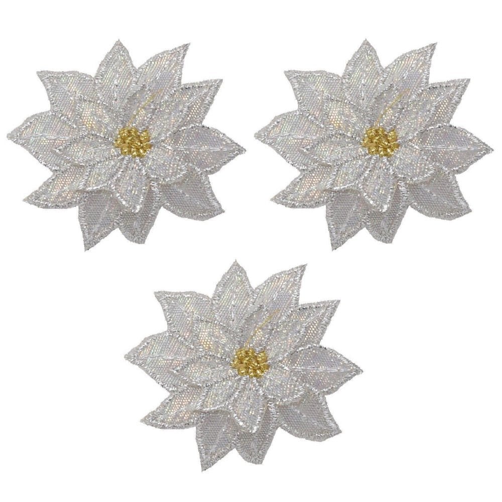 White Poinsettia Embroidered Patch — 3-Pack — Iron On 1.75"