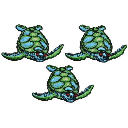 Mini Sea Turtle Embroidered Patch — 3-Pack — Ocean Creature, Facing Right 1.25" — Iron On