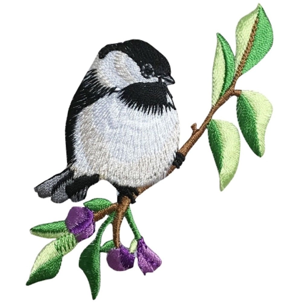 Chickadee Bird Embroidered Patch — Branch, Flowers 3.25" — Iron On