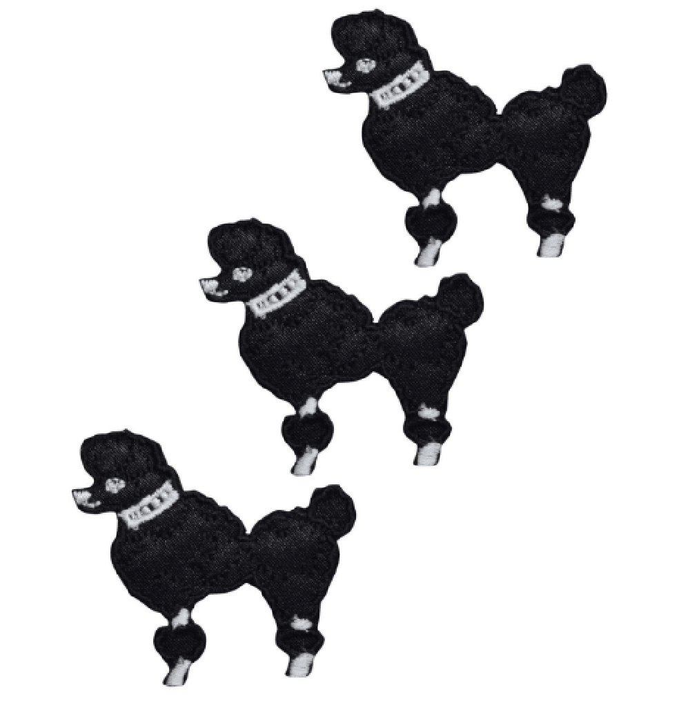 Mini Poodle Embroidered Patch — 3-Pack — Facing Left, Black Dog 1-7/8" — Iron On