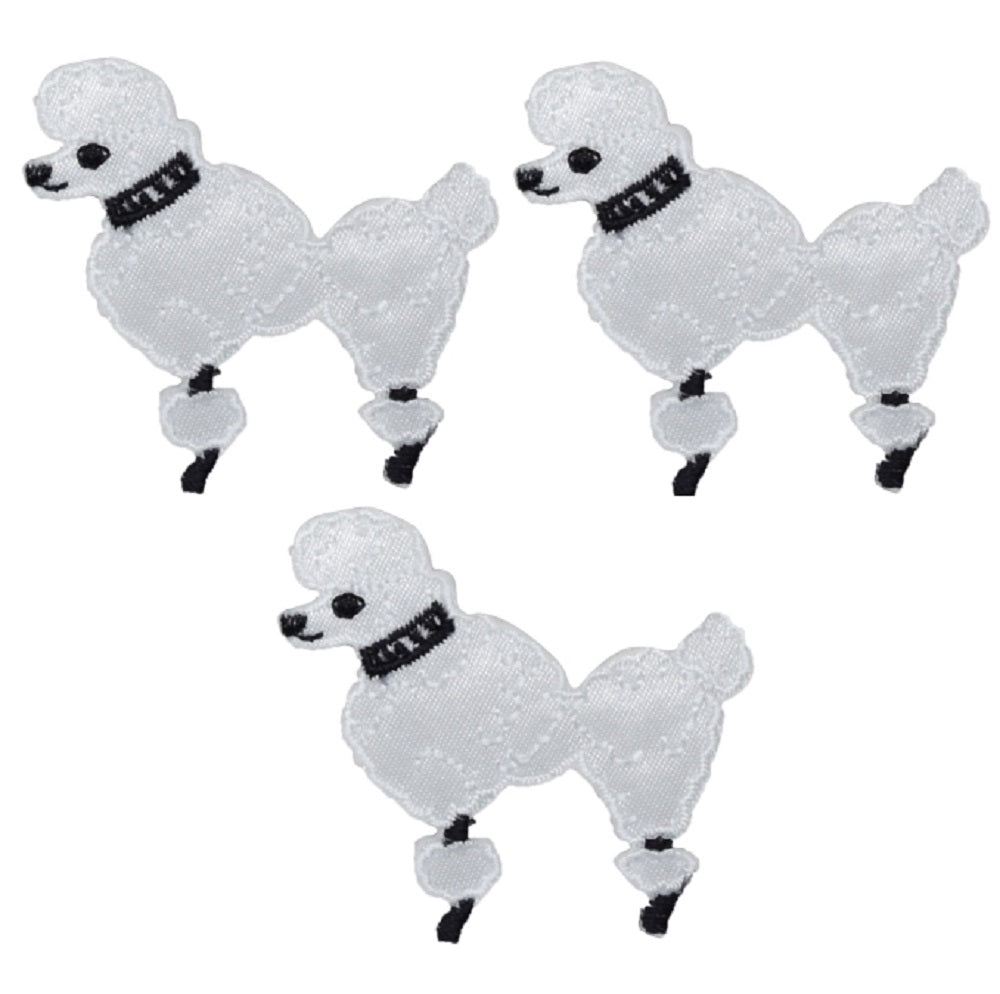 Mini Poodle Embroidered Patch — 3-Pack — Facing Left, White Dog 1-7/8" — Iron On